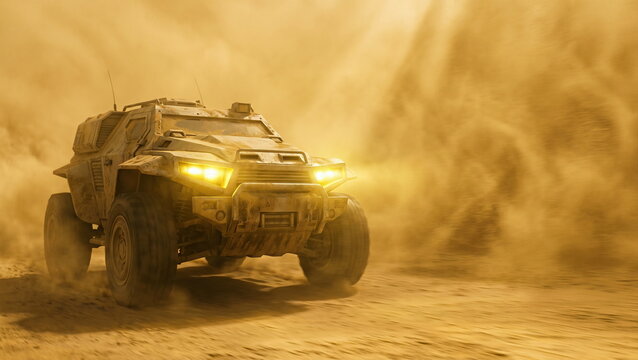 Armored vehicle driving through dusty desert, sandstorm creating dramatic off-road adventure concept.