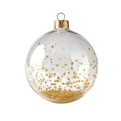 Clear glass Christmas bauble with gold star confetti isolated on white background