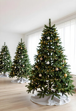 Christmas holiday season and festive celebration, multiple decorated artificial christmas trees with lights and ornaments indoors