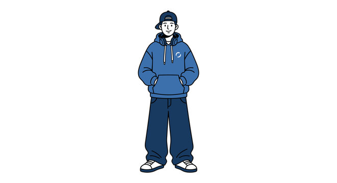 Minimalist vector illustration of a young man in streetwear fashion wearing a blue hoodie, baggy denim jeans, and a backwards baseball cap with headphones around his neck, isolated on white.