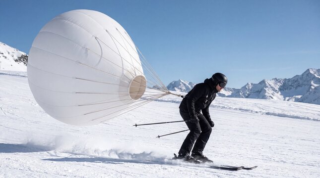 Skier pulling inflatable white round balloon display mockup on snowy mountain slope