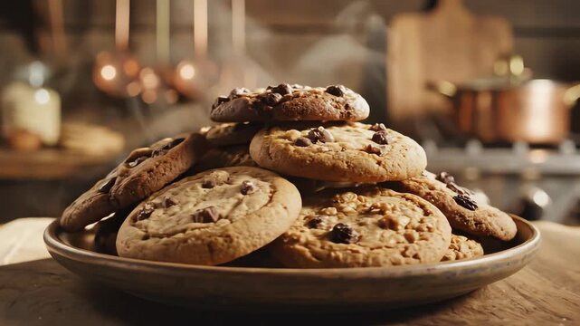 Stack of freshly baked chocolate chip cookies on a plate