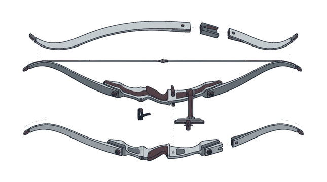 Detailed assembly diagram of a modern recurve bow showing parts and components. EPS Editable