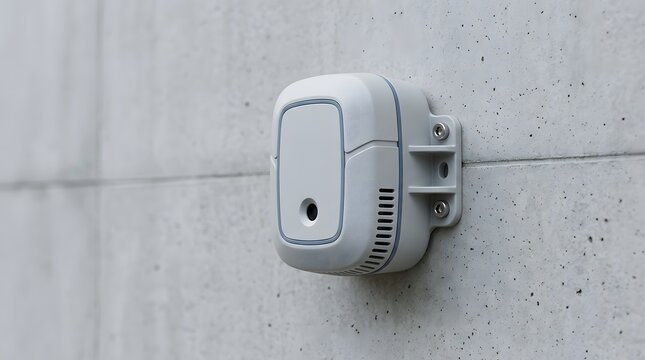 Compact smart environmental sensor mounted on a modern concrete wall for urban monitoring.