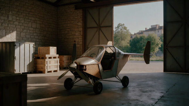 Compact Futuristic Aircraft Inside a Hangar