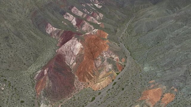 Aerial view of colorful mountains near Purmamarca, Argentina