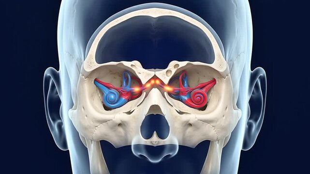 Human Inner Ear Cochlea with Vestibular Nerve Connection Glowing Between Ears in 3D Animation