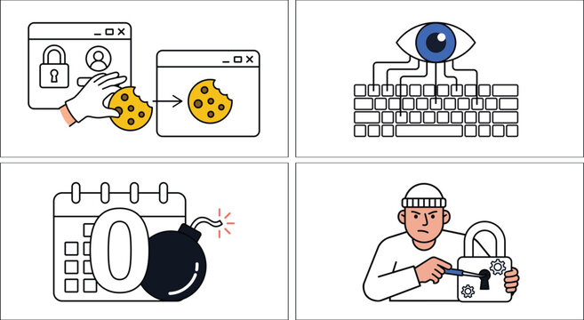 Cybersecurity attack line icon set, outline illustrations of cookie theft hacking, keylogger surveillance, zero day exploit, hacker picking digital lock