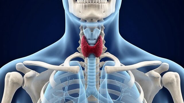 Human Thyroid Gland Highlighted in Neck Anatomy with Trachea and Collar Bone in 3D Animation