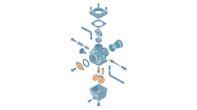 Detailed exploded view of a motorcycle carburetor showing all internal mechanical parts and components. EPS Editable