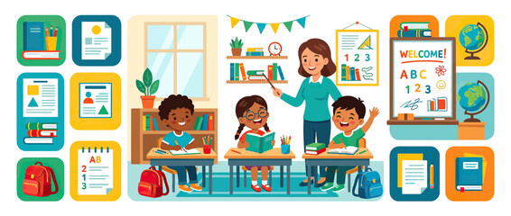 Fototapeta premium Diverse children learning in a classroom with teacher