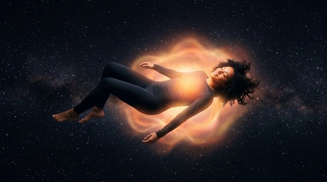 Woman Floating in Space Surrounded by Glowing Cosmic Energy Light