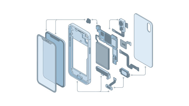 Detailed isometric disassembly of modern smartphone internal parts and hardware components. EPS Editable
