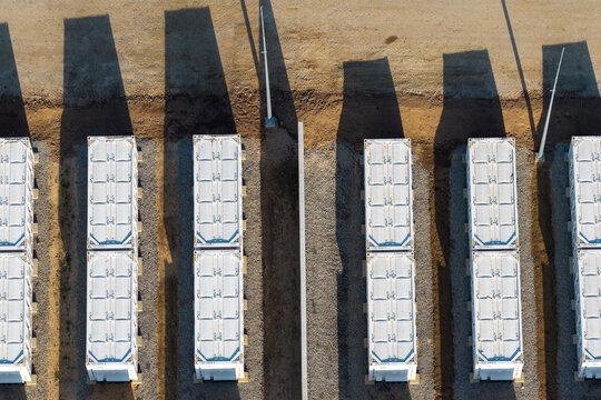 Aerial view of battery energy storage system developing renewable grid infrastructure in Poland