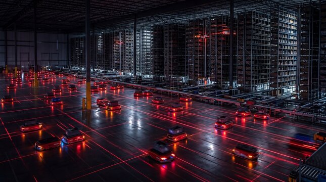 Automated Warehouse with Fleet of Robots Moving on Red Guided Paths