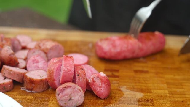 Chef slicing grilled sausage on a wooden cutting board