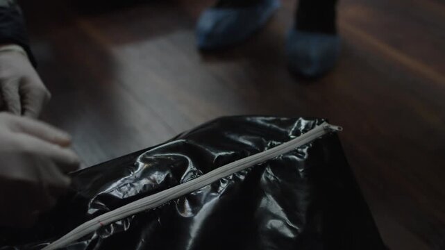 Hand Zipping Up Black Body Bag at Crime Scene, Concept of Death, Forensic Investigation, Crime, Police Work and Mystery