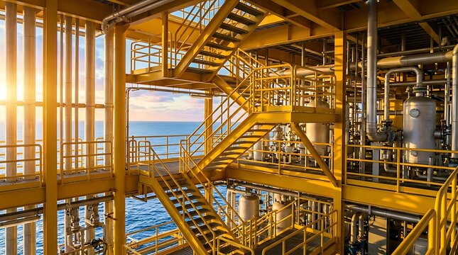 Majestic offshore oil and gas production platform at sunrise, featuring complex industrial infrastructure and critical energy operations over the vast ocean
