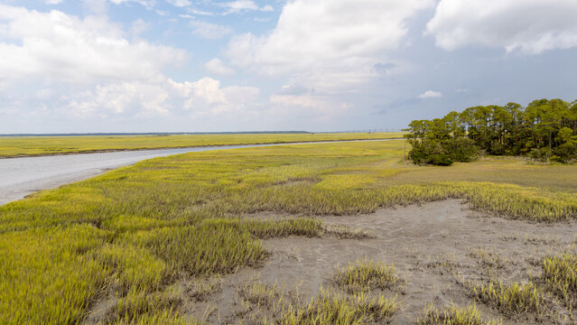 Drone captures aerial view of marshland and river during daytime in natural setting
