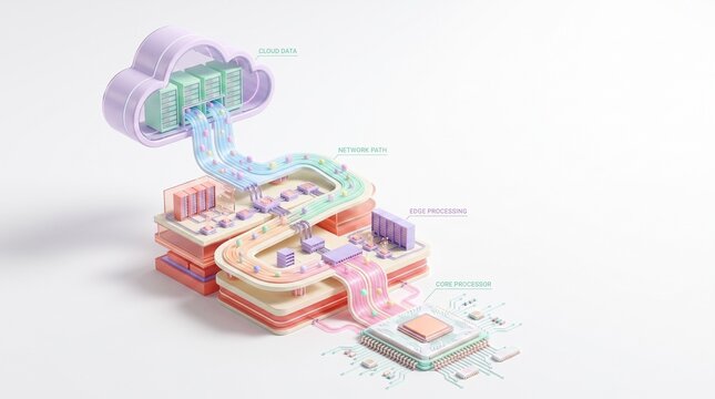 Isometric 3D diagram of cloud data flow to edge and core processor