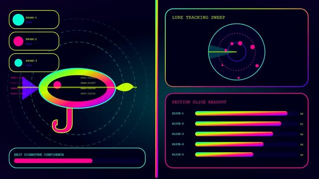 A digital phishing alert display features multiple animated panels showcasing cyber security data points with colorful neon glowing icons and shifting bar graphs on screen