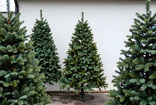 Christmas tree shopping and holiday season preparation, artificial fir trees for sale outdoors against a white wall