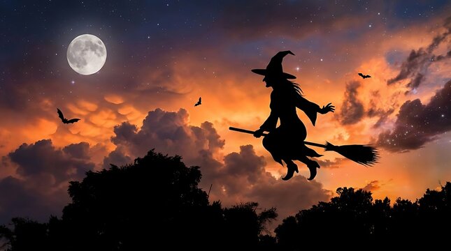 A silhouette of a witch on a broomstick flies through the night sky under a full moon, with a dramatic sunset in the background. Bats flutter around her.
