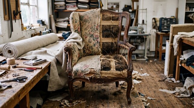 Antique Armchair Under Restoration in Upholstery Workshop
