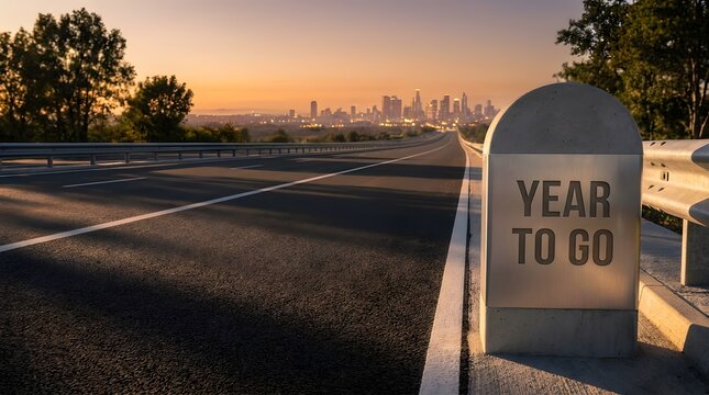 Milestone marker on a road with Year to Go text and city skyline at sunset.