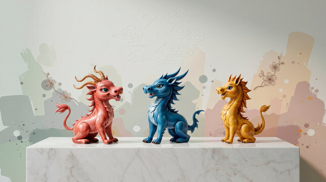 Three Chinese guardian dragons in pink, blue, and gold standing on a marble platform, a Chinese New Year holiday decoration template [copy space]