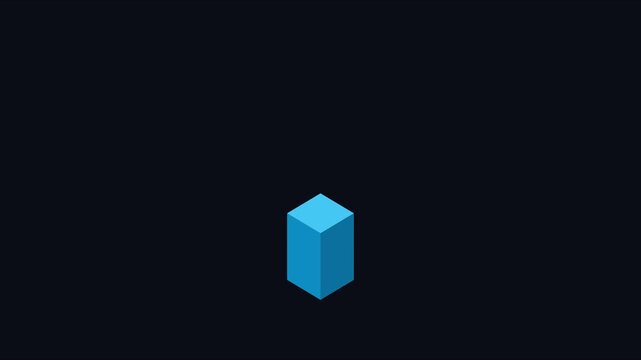 Minimalist blue isometric cube rotating animation on dark 4k background, rotation
