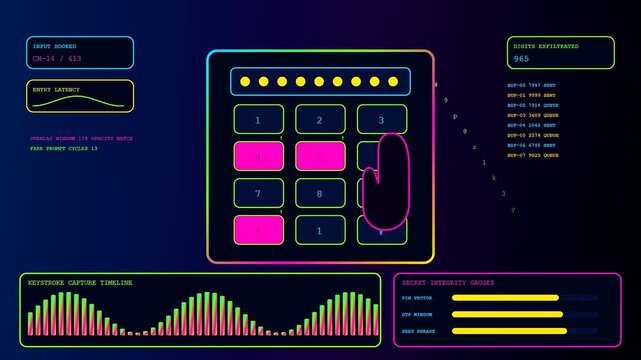 A digital phishing alert display shows multiple interactive interface panels with glowing pink buttons and changing statistical data metrics rendered in a dark futuristic computer environment screen