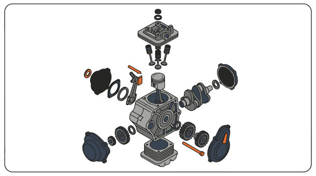 Exploded view diagram of small internal combustion engine parts and components. EPS Editable