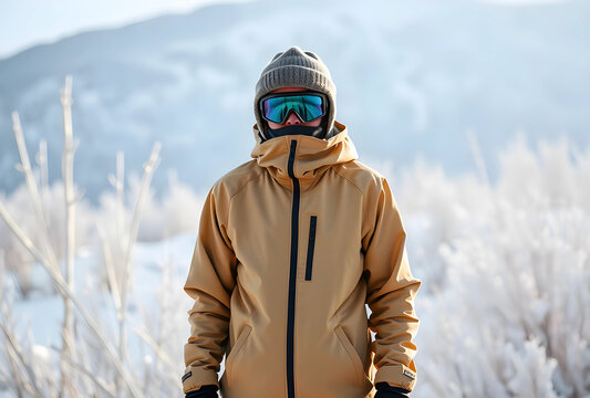 Winter sports and outdoor adventure, person in ski goggles and warm jacket standing in snowy mountain landscape