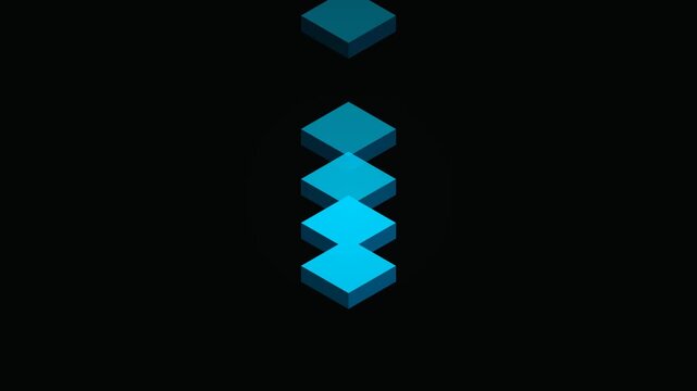 Abstract 3D blue isometric blocks vertically stacked on black background