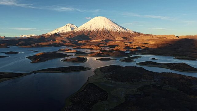 Parinacota Volcano above Cotacotani Lagoons in Chile