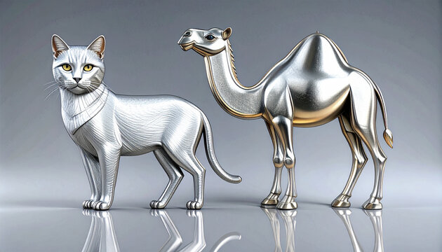 Elegant metallic cat and camel sculptures with polished silver and gold finishes, blending animal art, contemporary design and luxury decorative aesthetics.