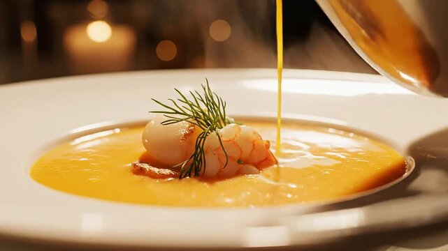 Elegant Close-Up Of Lobster Bisque Being Poured Around Gourmet Garnishes In A Luxurious Dining Setting
