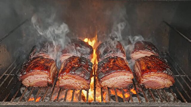 Succulent Smoked Barbecue Brisket Slices on Grill Surrounded by Smoke and Flames for Gastronomy and Culinary Projects