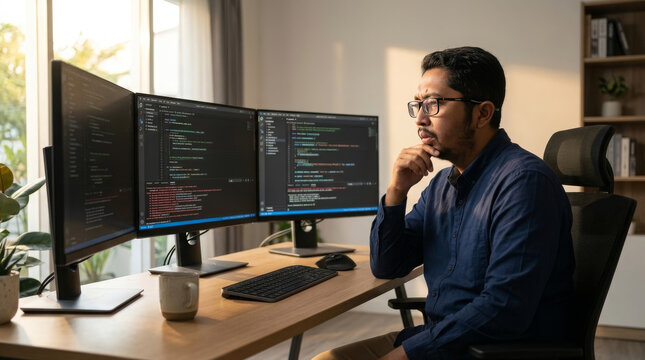 Southeast-asian man debugging software code on multiple computer monitors in home office