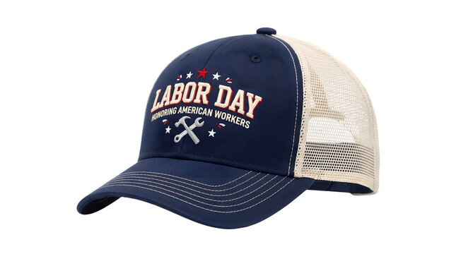 Labor Day trucker hat with American workers graphic, navy blue baseball cap with mesh back, patriotic work holiday headwear