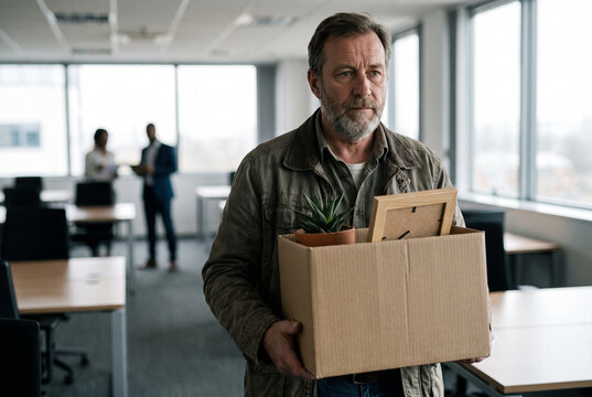 Redundancy in office with employee holding moving box