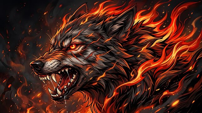 Fierce wolf with fiery mane in dynamic digital artwork