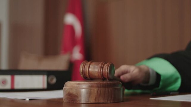 Judge Striking Wooden Gavel on Sound Block in Courtroom, Concept of Justice, Law, Verdict and Legal System