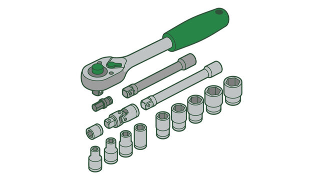 Ratchet wrench set with sockets and extensions in isometric illustration. EPS Editable