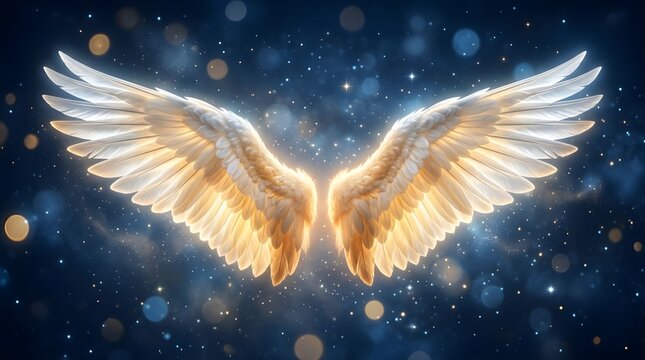 Glowing angel wings against a mystical starry night background