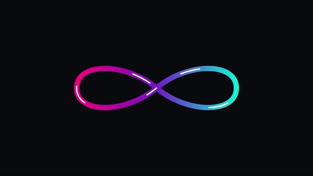 Neon infinity symbol animation with vibrant pink and blue gradient glow on 4k black background