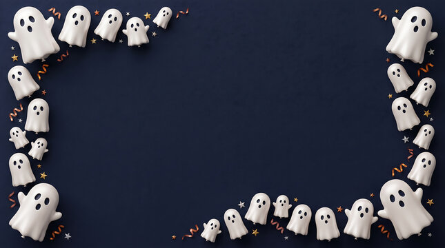 3D white ghost balloons floating in dark Halloween party decoration border frame