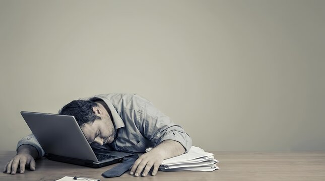 A Humorous and Relatable Image Depicting a Chubby Overworked Man Lying Face-Down on Top of a Laptop in Exhaustion Symbolizing Job Burnout Stress and the Overwhelming Demands of Modern Work.