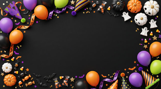 Halloween party border with glowing pumpkins, candy, and spooky confetti on black background